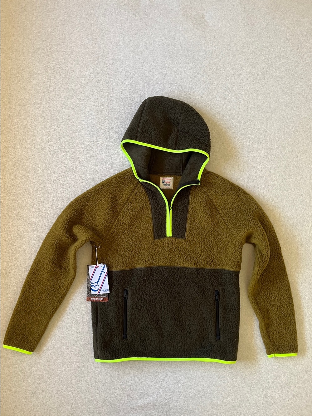 NEW Todd Snyder x Champion Olive Oil Green Polartec Fleece Hoodie 1/4 Zip Sherpa